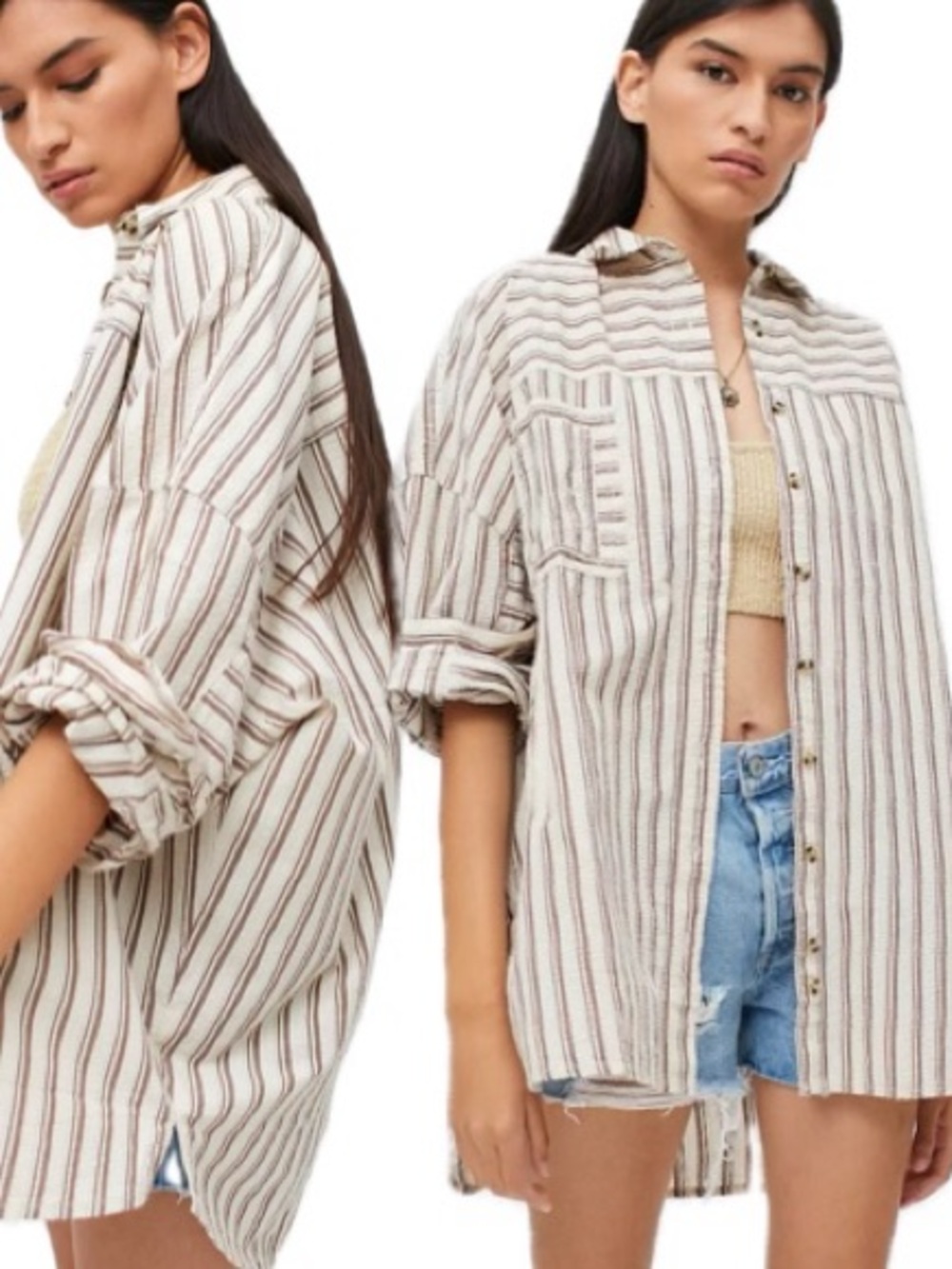UO Bryce Longline Button Down Shirt Womens Small Seersucker Striped Oversized